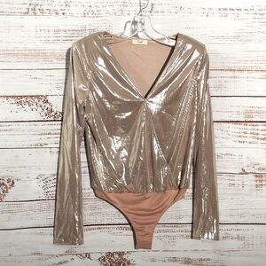 EASEL Rose Gold Pink Metallic Bodysuit with snap front and shoulder pads NWT